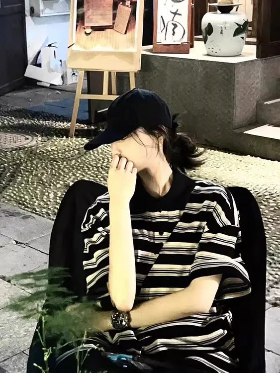 纯欲慵懒女装复古学院风polo衫条纹短袖t恤oversize情侣宽松上衣