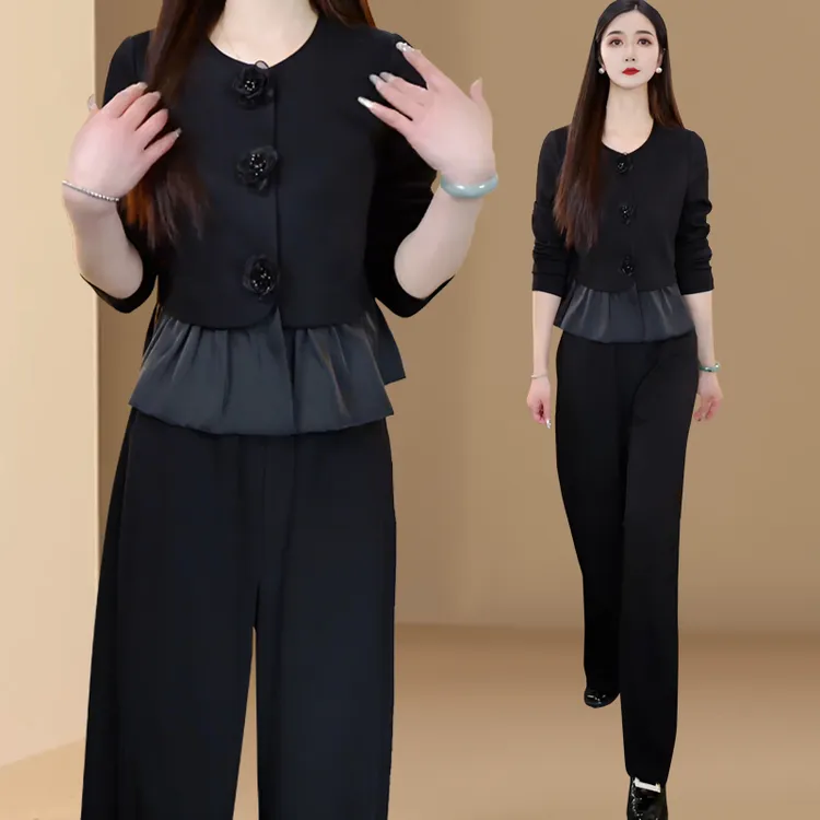 春秋穿搭一整套装女2025新款黑色修身收腰显瘦高级感减龄两件套装