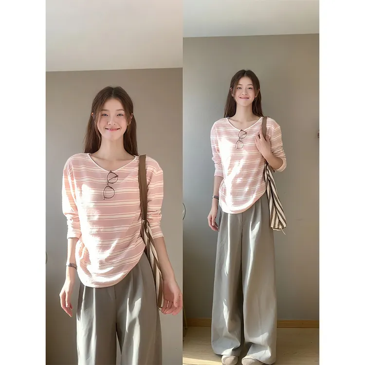 条纹粉色长袖t恤女春秋打底衫小众设计感韩系慵懒风上衣宽松显瘦