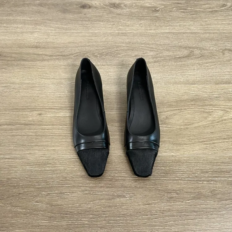 Dannyfrey法式赫本风小皮鞋马毛拼接绝美小跟鞋中跟粗跟浅口单鞋