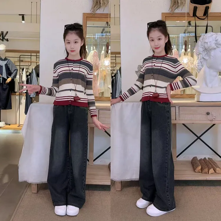 女童春秋款阔腿裤套装条纹毛衣中大童百搭牛仔阔腿裤休闲套装