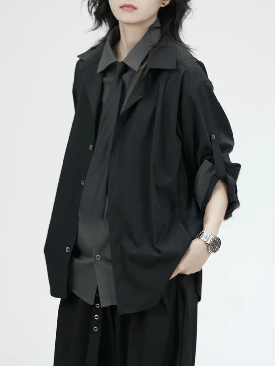 假两件拼接领带衬衫男款秋季痞帅高级感翻领衬衣cleanfit西装外套