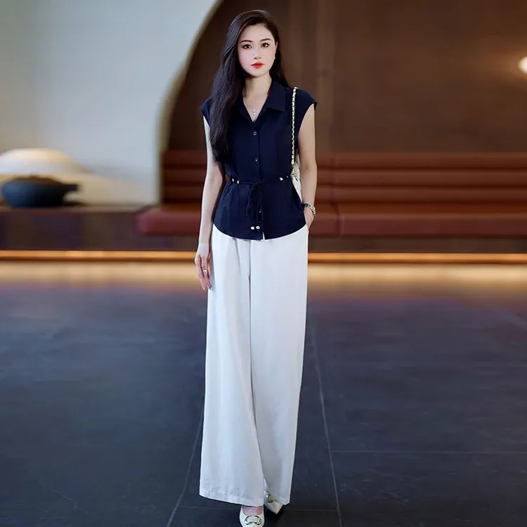 时尚衬衫套装女2025夏季新款设计感修身上衣显瘦洋气阔腿裤两件套
