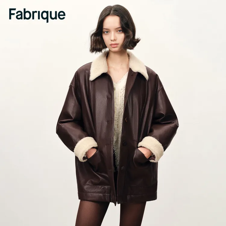 Fabrique Holme 秋冬新品摩卡棕大廓形毛领环保皮夹克棉服外套