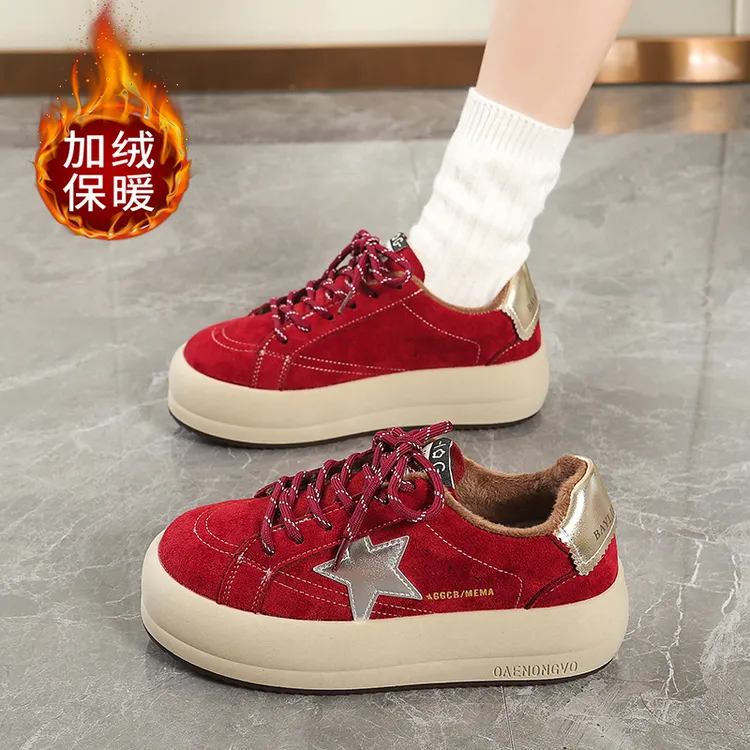 鞋子女ins潮牌百搭2025新款冬季红色德训女鞋厚底学生潮流星星鞋