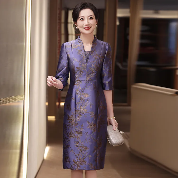 高端紫色晚礼服优雅喜婆婆喜妈妈婚宴V领连衣裙中长款春装新款