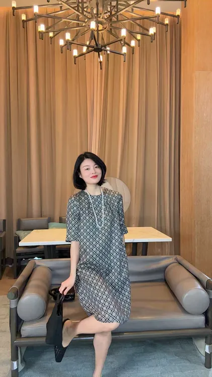  TANTAN  真丝100 菱形格气质中袖连衣裙1649
