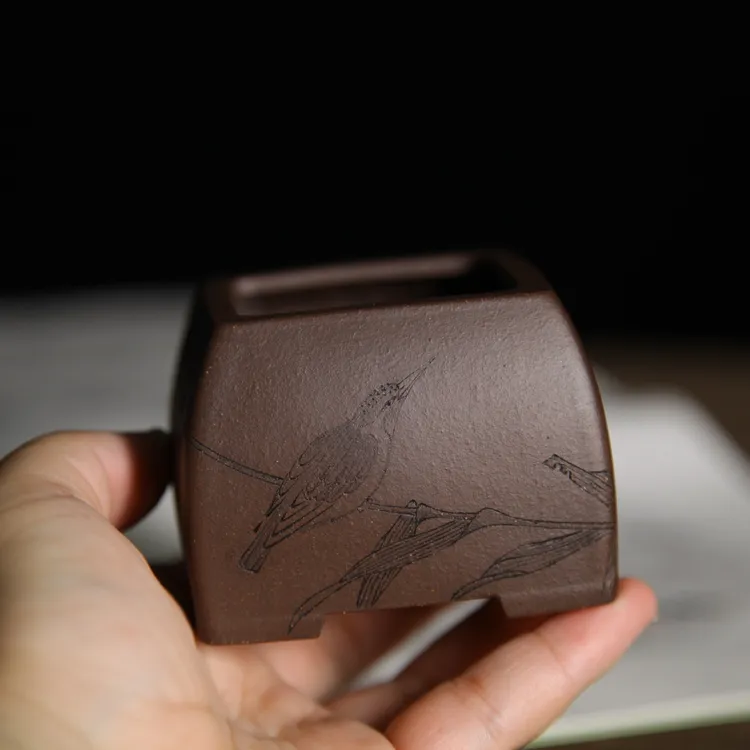 盆客陶瓷 精品紫砂盆 牛宝全手工原矿紫泥收口四方文人盆雨桐刻绘