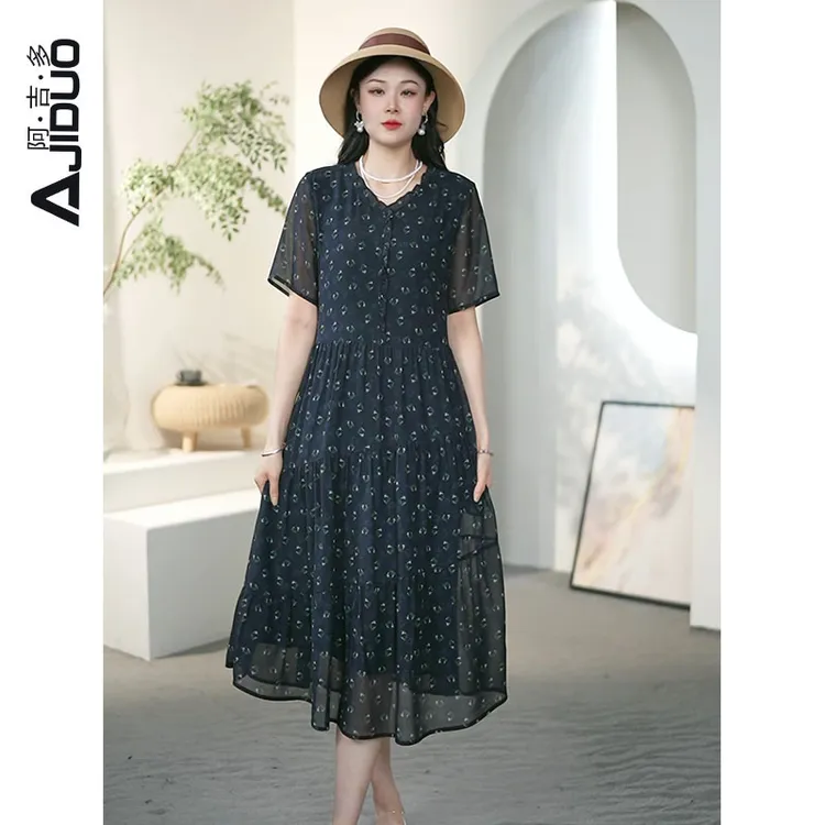 阿吉多短袖连衣裙女夏装新款气质法式长裙高级木耳边印花大码裙子