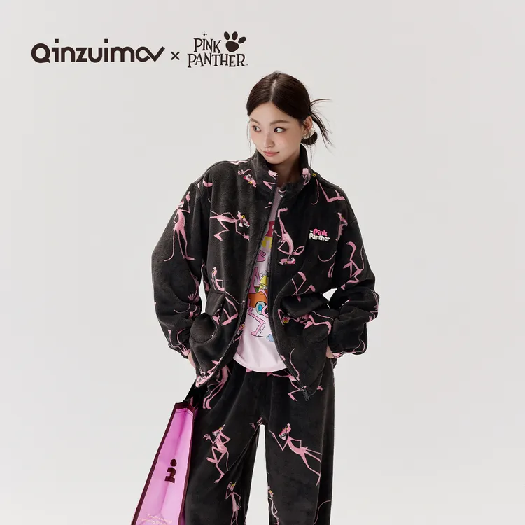 亲嘴猫【粉红豹联名】法兰绒可外穿卡通休闲少女睡衣家居服套装冬