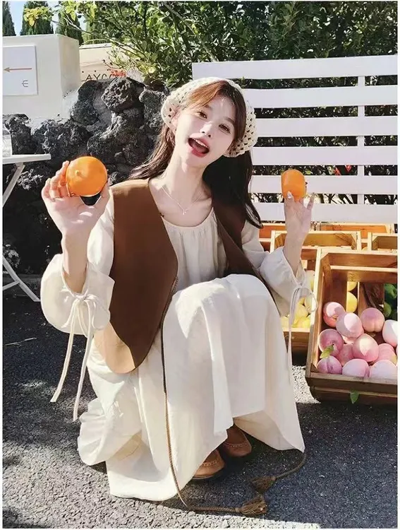 2025早秋时尚韩版长袖显瘦连衣裙复古法式百搭马甲套装8212