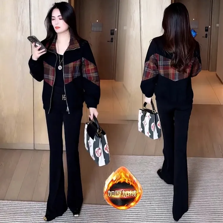 加绒加厚牛仔短外套女秋季新款洋气显瘦拼接格子休闲百搭夹克上衣