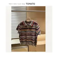 TomaTo-简约条纹花色针织翻领开衫女宽松显瘦百搭上衣女C25T79238