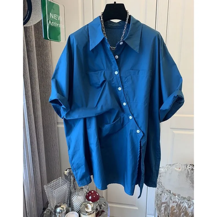 K3052法式褶皱开叉斜扣气质短袖衬衫上衣女宽松设计感小众夏季