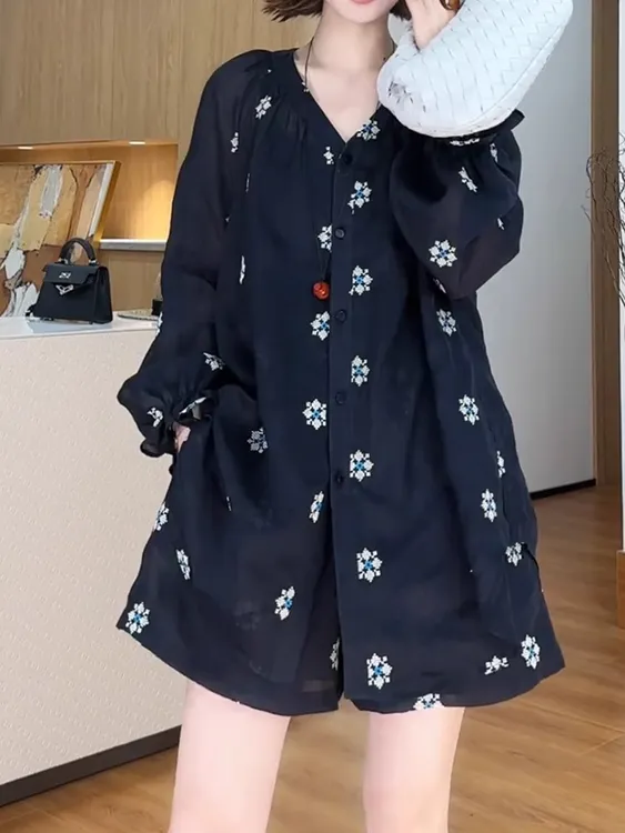 欧洲站2025夏季新款韩版百搭宽松V领中长款衬衫高腰短裤两件套潮