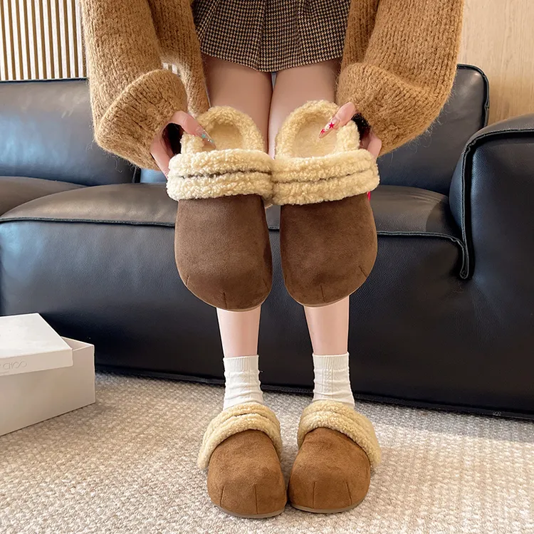 厚底加绒魔术贴勃肯鞋包头毛毛半拖鞋女外穿2025秋冬新款棉拖鞋子