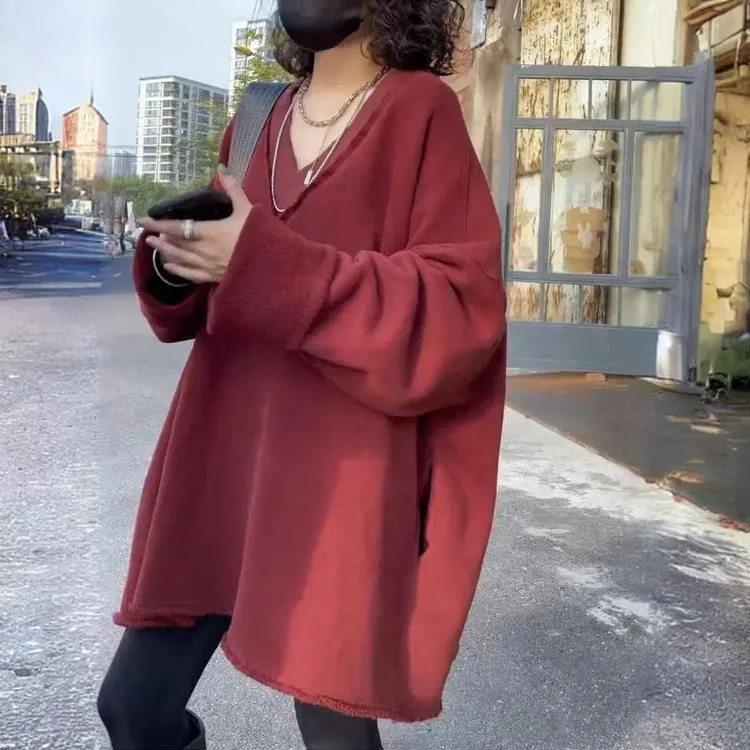 胖MM特大码300斤慵懒风中长款V领卫衣女春秋宽松洋气百搭长袖上衣