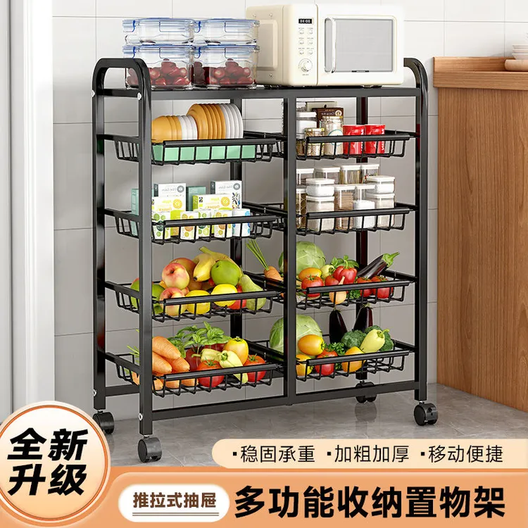 草原猫新款厨房多层菜篮子可移动抽拉收纳架卧室床头储物架小推车