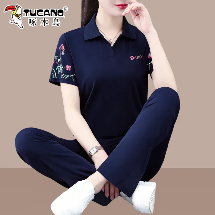 啄木鸟冰丝短袖运动套装女2025新款妈妈夏装休闲刺绣翻领两件套