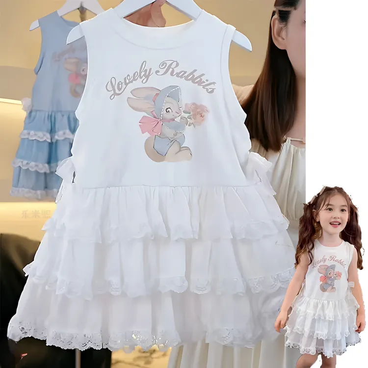 女童可爱连衣裙夏季2025新款甜美蕾丝边蛋糕裙儿童卡通背心裙公主