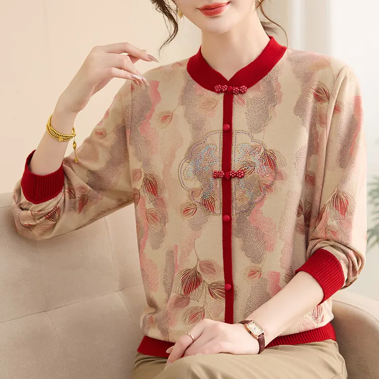 妈妈装洋气小衫喜婆婆婚宴礼服上衣中老年女装国风时尚长袖打底衫