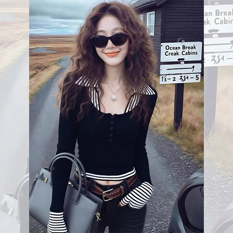 别致独特漂亮黑色小衫polo领毛衣洋气高贵针织打底衫上衣女装秋冬