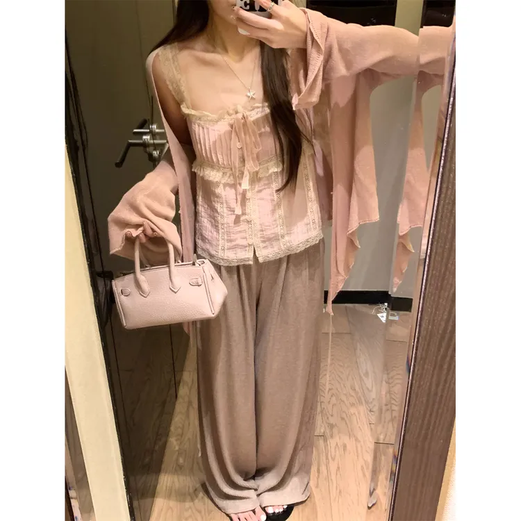 针织开衫花边雪纺衫套装女韩系慵懒时尚百搭高级设计感长裤三件套