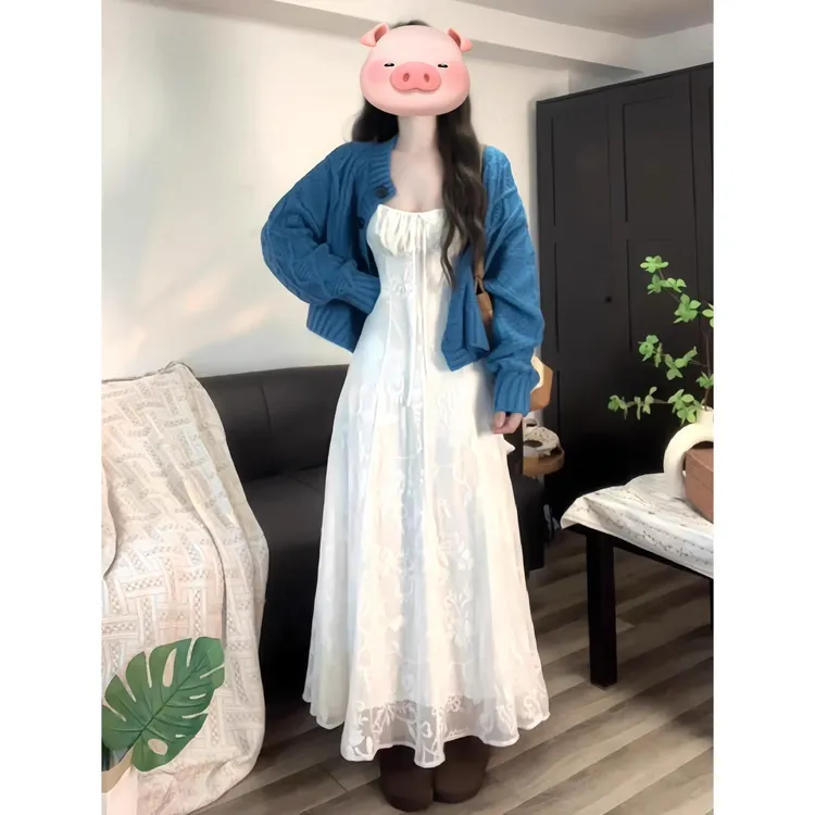 法式白色吊带连衣裙子女2025新款早秋白月光蓝色开衫长裙一整套