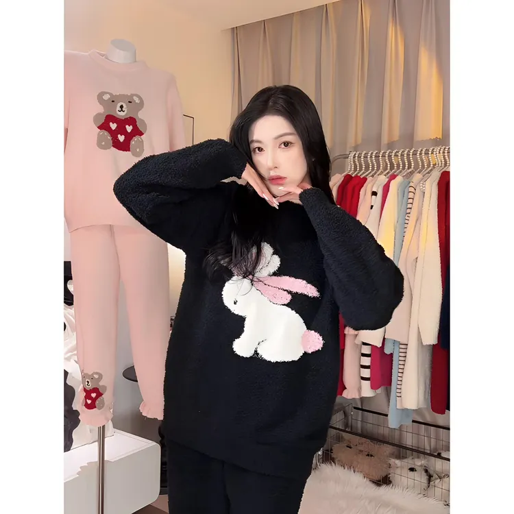 2025冬季新款加厚加绒防静电保暖小兔纯欲半边绒氛围感气质家居服
