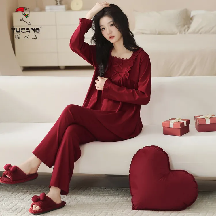 啄木鸟红色睡衣新款套头秋冬季长袖纯棉女士高档方领款家居服套装