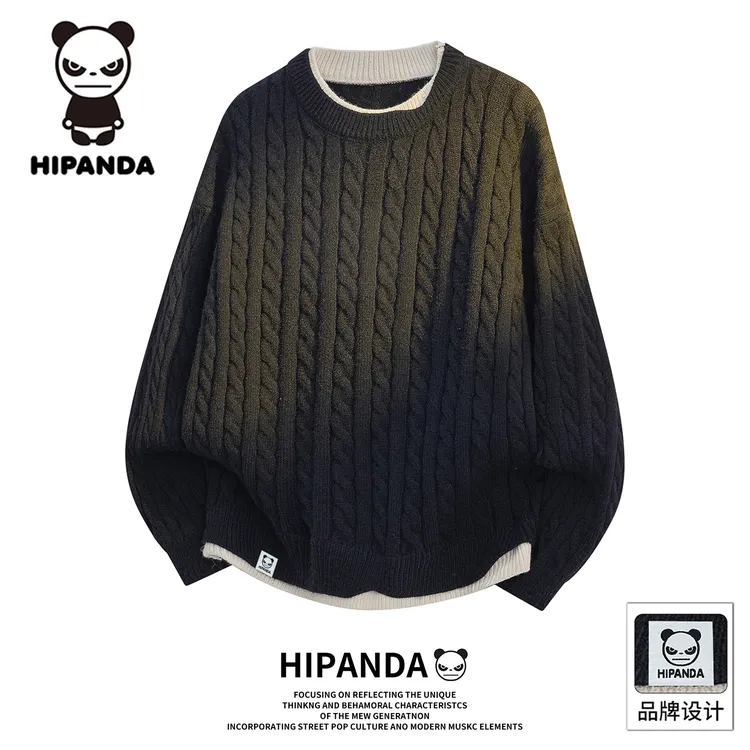 HiPanda假两件麻花圆领男士毛衣2025秋冬新款潮流百搭情侣针织衫