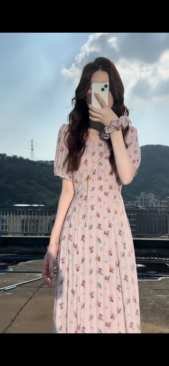 【有口袋】夏季新款方领显瘦中长款时尚设计感高腰短袖连衣裙6002