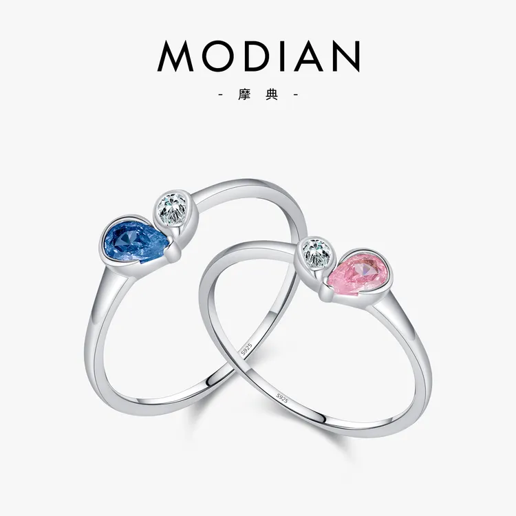 MODIAN/摩典 925银戒指 简约水滴拼色镶钻戒指女小清新甜美指环