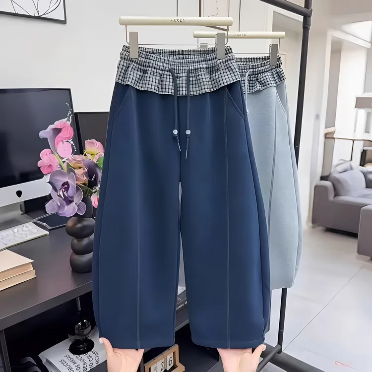 女童休闲裤子秋装2025新款格子拼接挺酷风弯刀卫裤运动阔腿裤秋冬