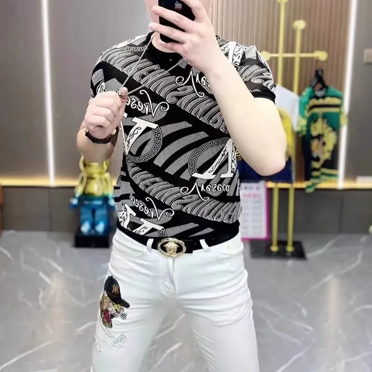 吉伦略索夏季男士冰丝网眼印花短袖T恤欧货时尚圆领修身透气型男T