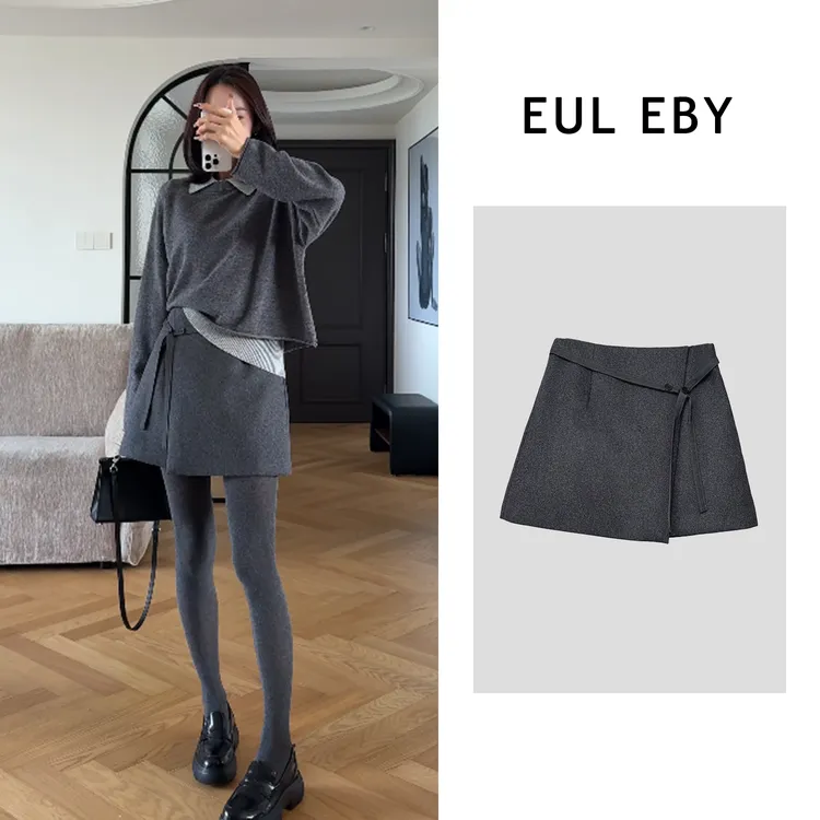 EUL EBY时尚气质半身裙羊毛厚款A字短裙系带纽扣防走光裙子251549