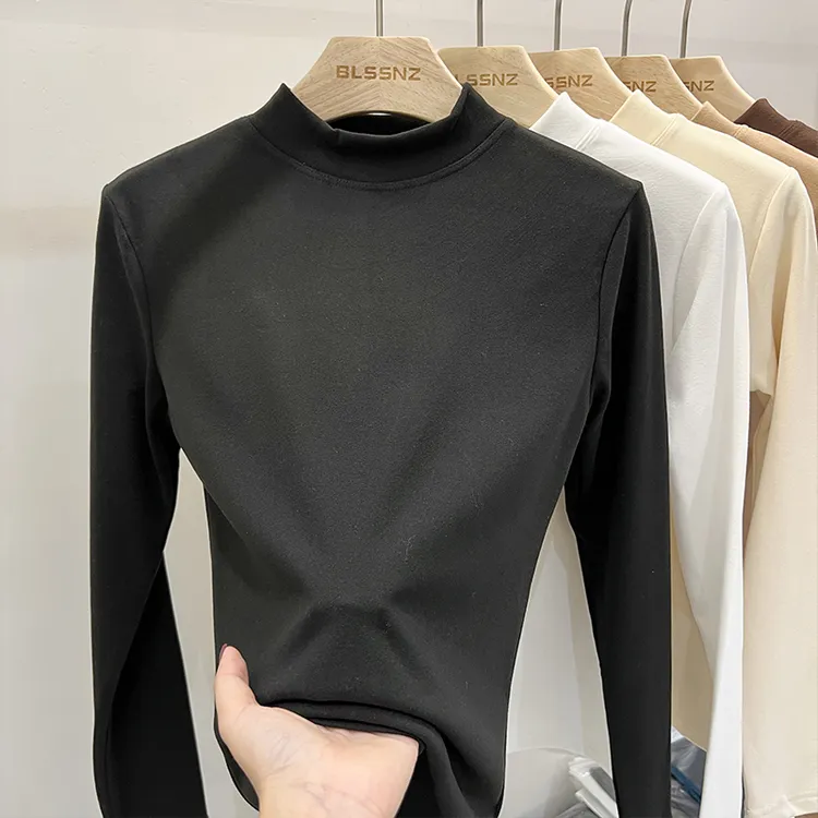 女冬蚕丝貂绒打底衫半高领加绒保暖内搭修身