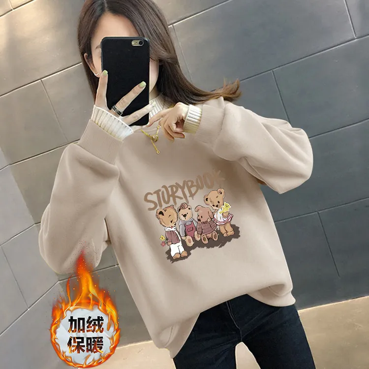 卡通动漫秋冬装女印花女士卫衣拼接加绒卫衣加厚长袖百搭红色