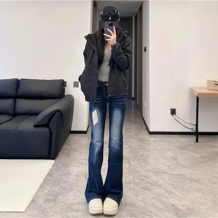 美式复古猫须微喇牛仔裤女春秋新款低腰显瘦弹力马蹄喇叭拖地裤子