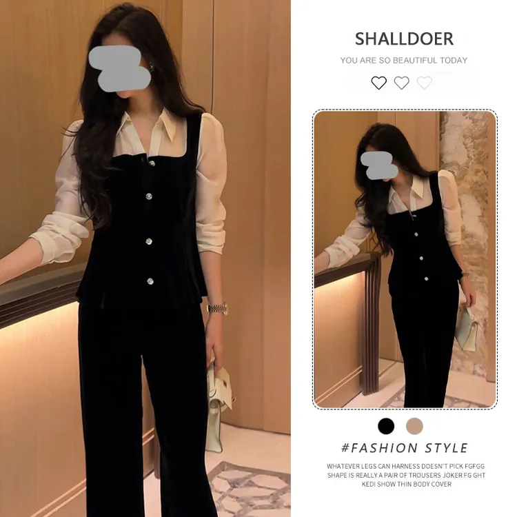 时尚简约通勤套装女2025春秋新款拼色长袖衬衫上衣休闲长裤两件套