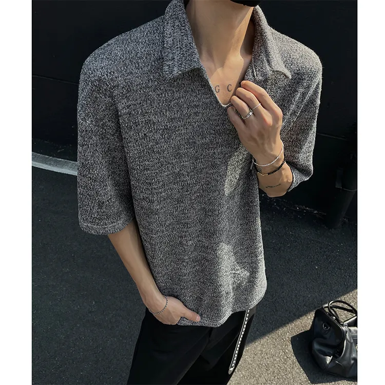 老钱风麦穗V领短袖T恤男夏季针织重磅肌理感polo衫高级感休闲半袖