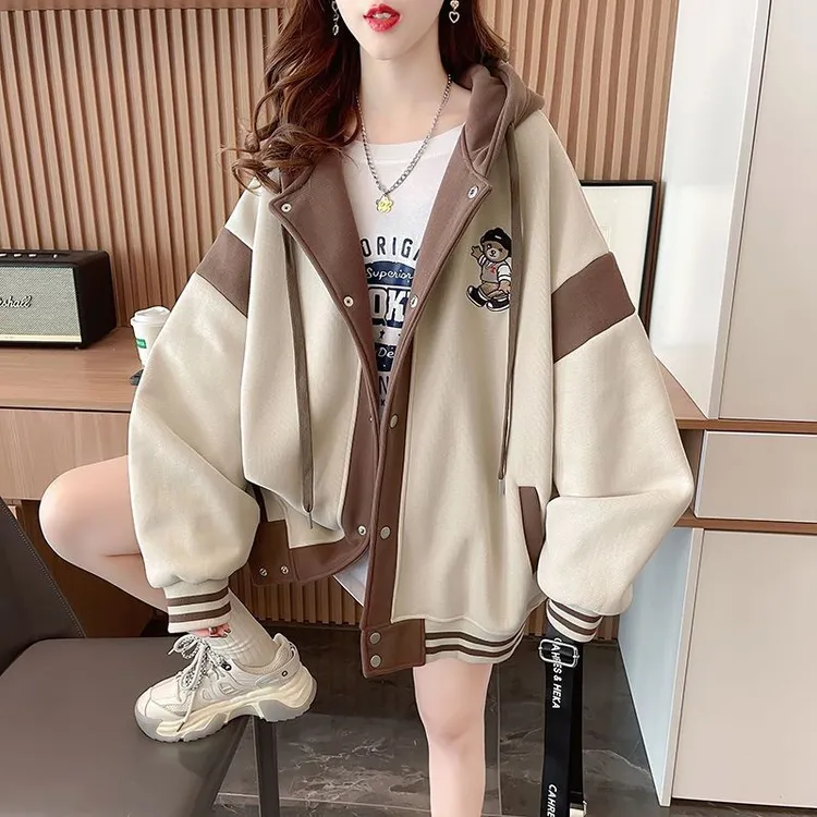 春秋季棒球服外套女童新款拼色连帽设计感薄款开衫卫衣女韩版宽松