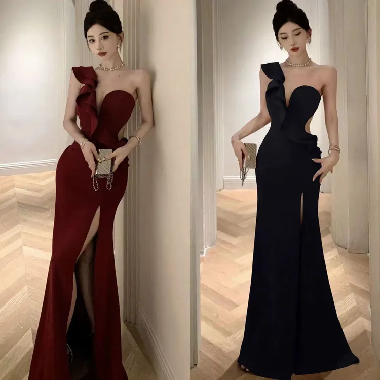 性感单肩晚礼服长款低胸气质法式荷叶开叉包臀镂空新款潮牌女装
