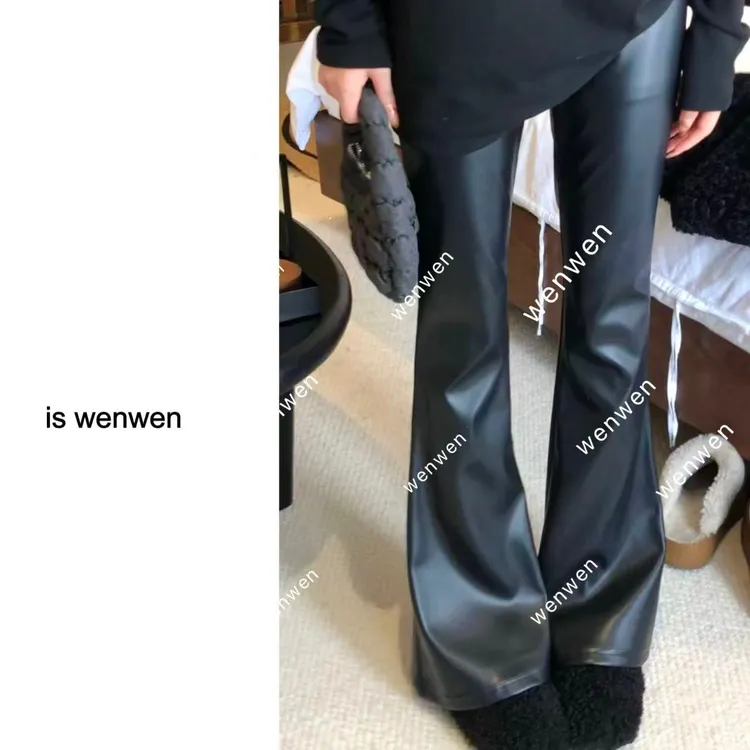 【WEN】时髦精 秋冬新款高腰百搭修身加绒喇叭皮裤 YS1113