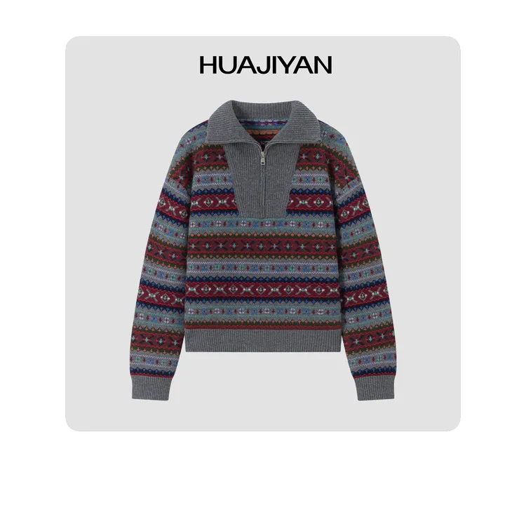 华吉言/HUAJIYAN 100羊毛半拉链翻领特种织花百搭毛衣