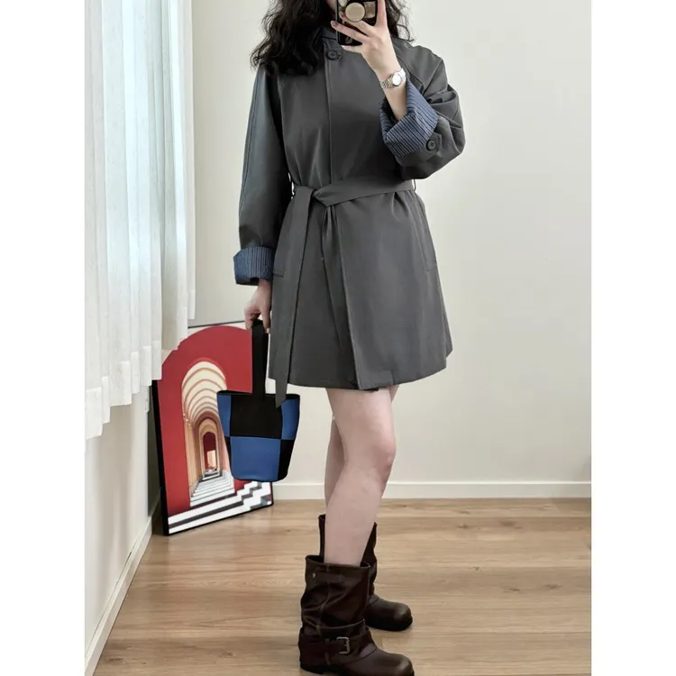 高级感深灰色中长款系带风衣外套女2025秋季设计感条纹袖气质大衣