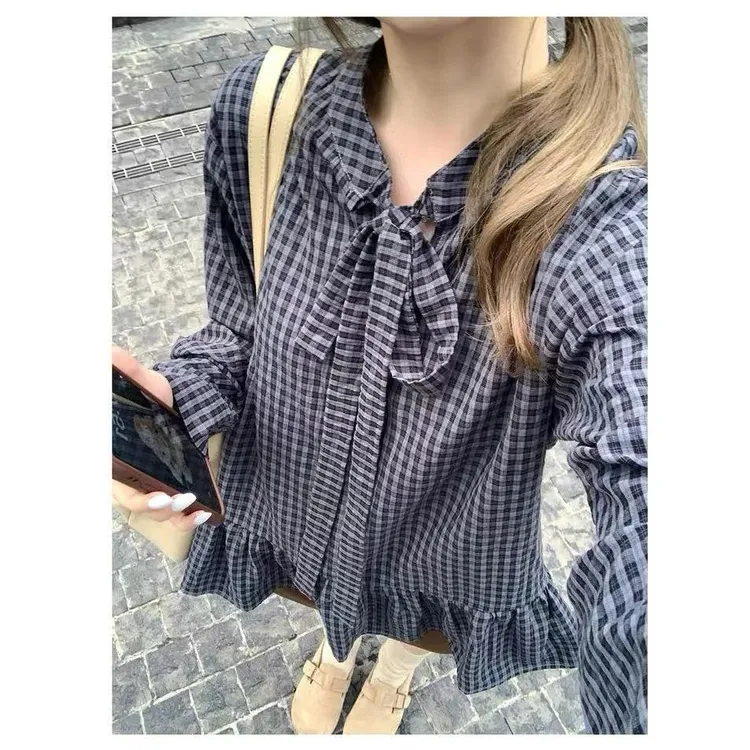 韩系设计感荷叶边格子衬衫女早秋新款宽松显瘦减龄甜美百搭