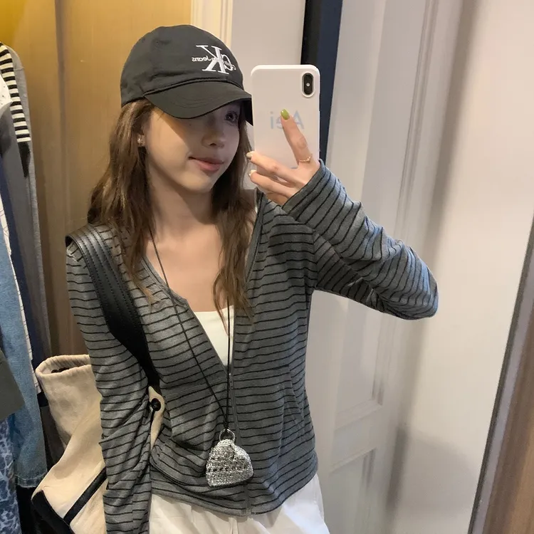 夏季薄款条纹连帽防晒开衫女2025新款百搭修身显瘦拉链空调衫外套