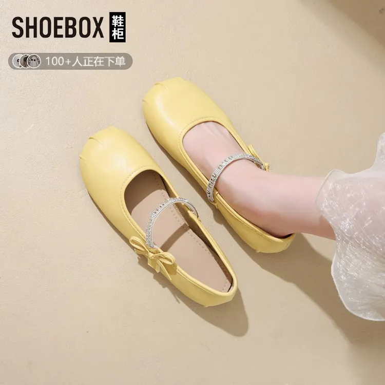 SHOEBOX鞋柜皮面软皮浅口玛丽珍鞋女法式芭蕾舞鞋2025新款单鞋