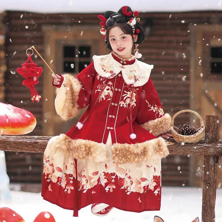 2025年拜年服女童冬季儿童国风唐装红色汉服加厚马面裙喜庆冬加绒